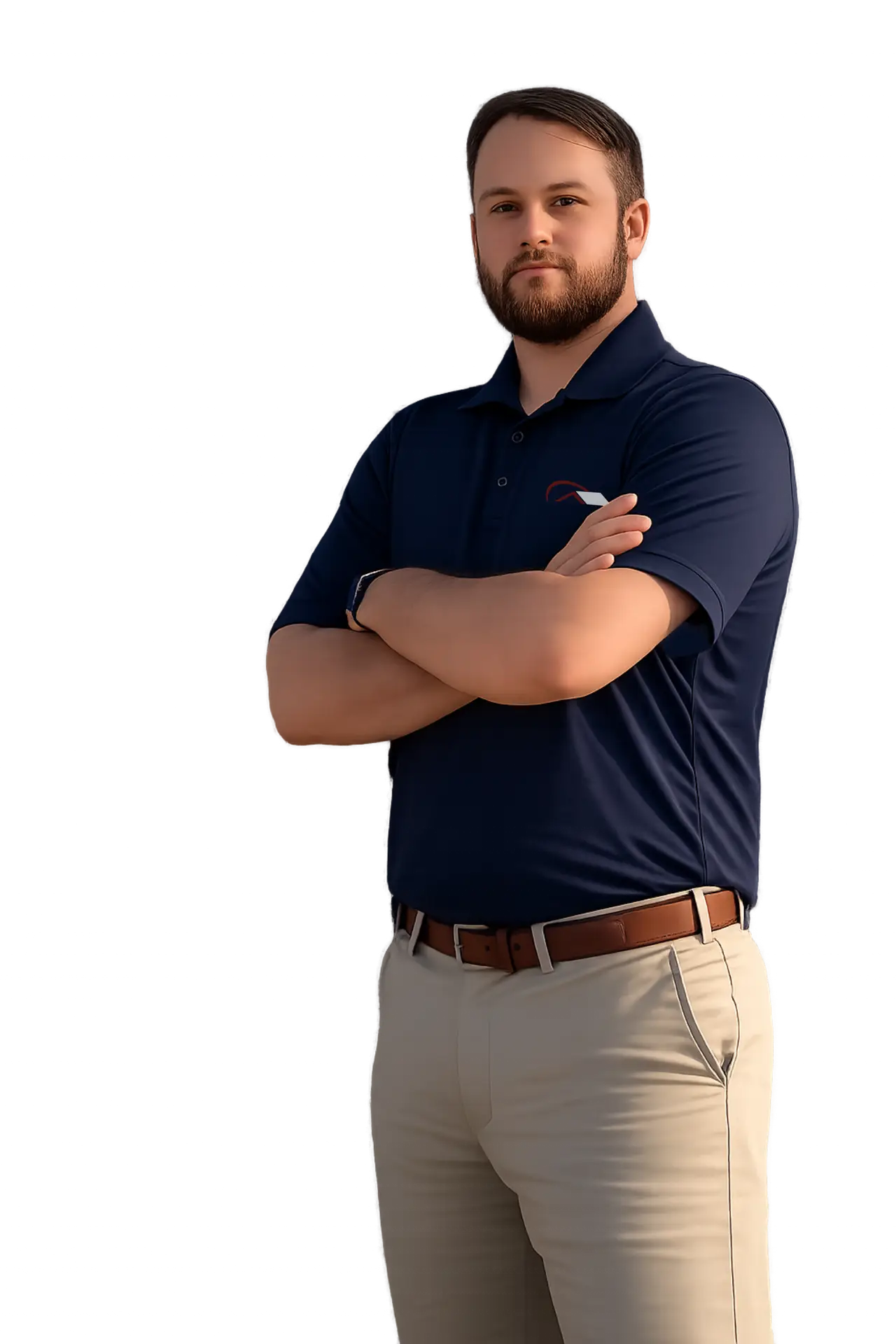 A man with a beard, wearing a navy blue polo shirt and beige pants, stands with arms crossed and a confident expression against a plain white background.